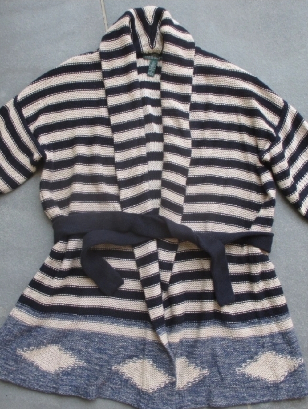 LRL LAUREN JEANS CO Women LINEN Blend SHAWL Collar BLUE Striped CARDIGAN Aztec M